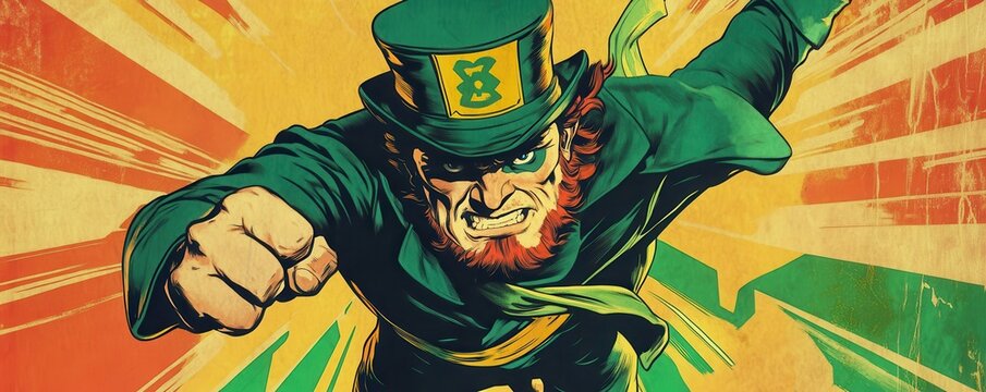 Retro comic book cover with a fierce, heroic leprechaun in vibrant cityscape, bold colors and dynamic action depicting strength and courage