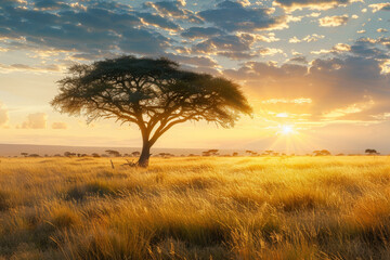 Fototapeta premium A tree stands in a field with a bright sun in the sky