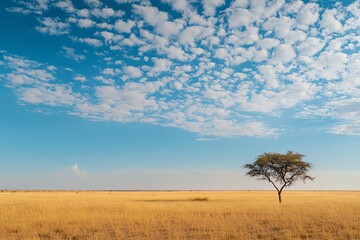 Obraz premium A lone tree stands in a vast savannah under a blue sky with scattered clouds, showcasing the beauty and solitude of nature.