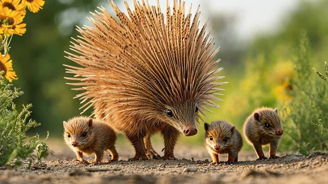 Echidna family journeying through a field of yellow flowers