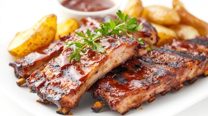 A plate of juicy, smoky grilled pork ribs with a rich barbecue sauce, garnished with fresh herbs and served with a side of potato wedges, against a clean white backdrop.