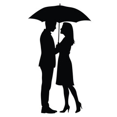 a couple standing under an umbrella. The couple is facing each other and their faces are close together, with the man's arm around the woman's waist. The woman is holding the umbrella above her head, 