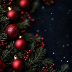Fototapeta premium dark christmas fancy background with red globes and pine branches wallpaper for winter card making/ invitations with copy space in the middle --v 6.1 Job ID: 25c522b0-f35e-490c-852c-56419c3483c4