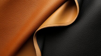 A close-up shot showcasing the elegant texture of two luxurious leathers. The rich brown leather is soft and supple, while the deep black leather is smooth and polished.