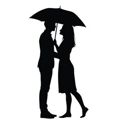 a couple standing under an umbrella. The couple is facing each other and their faces are close together, with the man's arm around the woman's waist. The woman is holding the umbrella above her head, 