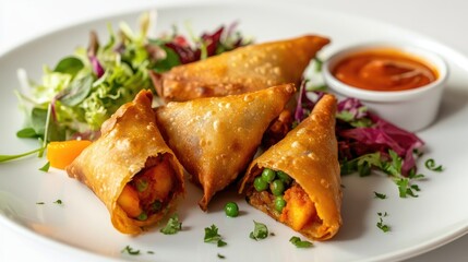 A plate of samosas with one cut open to reveal the spiced potato and pea filling, served with a side of fresh salad and sauces, all set against a white backdrop.