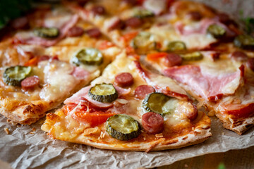 Italian pizza with bacon, pickles, tomato sauce, tomatoes and mozzarella. Close-up