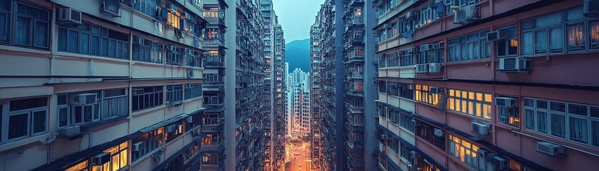 Fototapeta premium Dense cityscape with high-rise apartment buildings enclosing a narrow street lit by evening lights, creating an urban canyon effect.