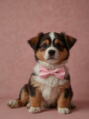 Puppy in a pink bowtie against a pink backdrop.