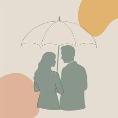 a couple standing under an umbrella. The couple is facing each other and their faces are close together, with the man's arm around the woman's waist. The woman is holding the umbrella above her head, 