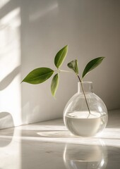 A small plant is in a clear vase on a white table
