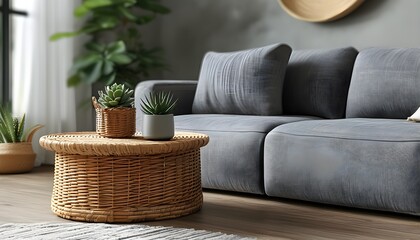 Chic coffee table with wicker basket and potted succulent beside grey sofa in elegantly blurred living room setting