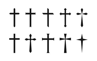 Christian cross catholic icon collection. Different style religious symbol set