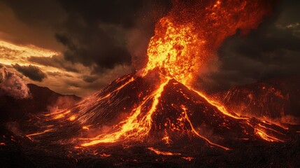 A powerful eruption of a volcano with a burst of lava and ash, set against a darkened sky, highlighting the dramatic natural event.