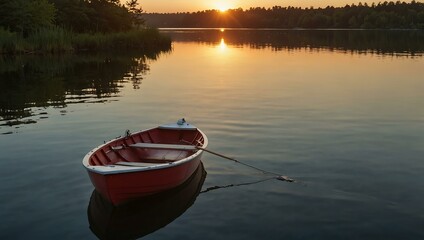 Red rowboat tied to a dock on a calm lake, sunset, copy space.