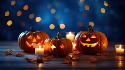 Lit Jack-o'-Lanterns on a Wooden Table