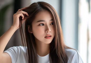 Fototapeta premium A woman with long brown hair is looking at the camera