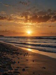 Relaxing evening on the beach with a sunset over the ocean.