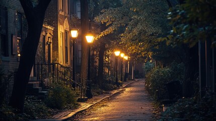 A quiet, picturesque street lined with charming old buildings and softly glowing street lamps, capturing the serene beauty of a nighttime neighborhood.