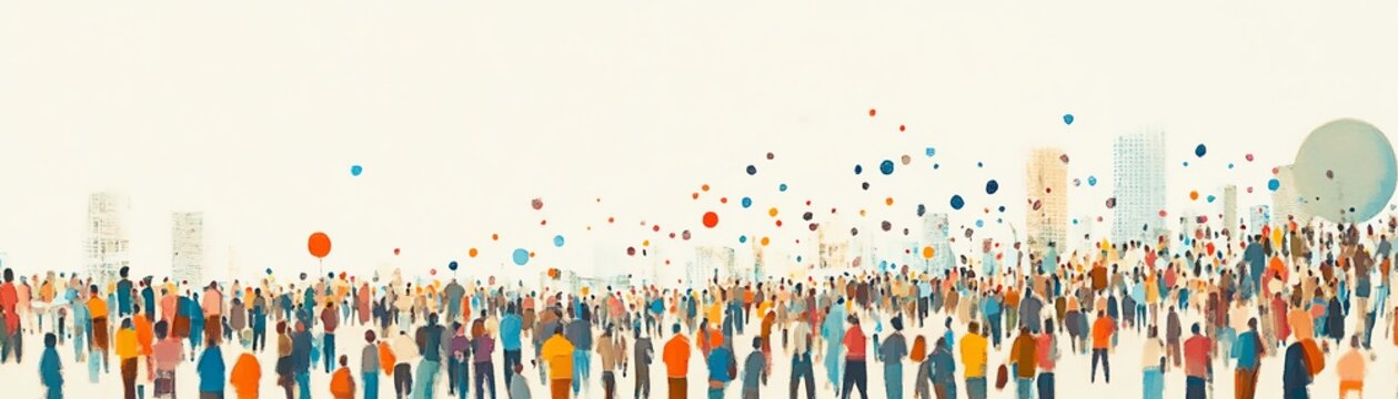 Colorful crowd of people gathered in a celebration with balloons in the air, creating a vibrant and lively atmosphere.