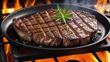 A perfectly grilled steak garnished with herbs, sizzling over an open flame, showcasing culinary artistry.