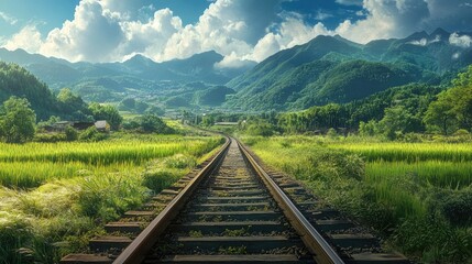 Fototapeta premium A railway track passing through a picturesque landscape with lush green fields and mountains in the background, evoking a sense of travel and adventure.