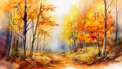 Fototapeta premium Watercolor painting of beautiful autumn forest with vibrant colors. Natural scenery. Hand drawn art.