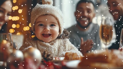 Happy little baby girl and diverse family in a christmas dinner in a modern home