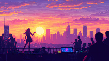 Pixel art of a girl at a rooftop party, city skyline at sunset, guests dancing and dj playing retro music. City Skyline. Illustration