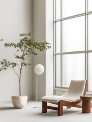 Modern minimalist living room with large windows, a comfortable chair, a potted plant, and a floor lamp. The room is bright and airy, with a calming and inviting atmosphere.