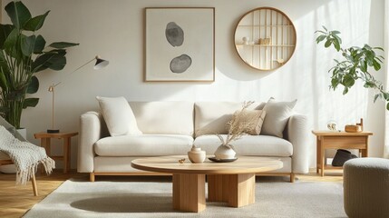 A Scandinavian-inspired living room with a light gray sofa, soft textiles, and minimalist wooden furniture, creating a calm and serene environment filled with natural elements.