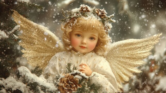Little Angel. Vintage Christmas postcard. Generative AI transparent background