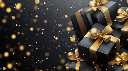 Luxury black gift boxes with golden ribbon on bokeh background transparent background