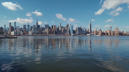 Naklejka premium New York City skyline reflecting on the Hudson River during the day. Urban landscape and travel concept.