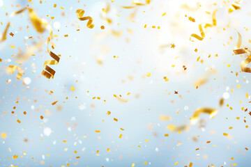Obraz premium Gold confetti flies on light blue background, abstract blurred background for Christmas celebration