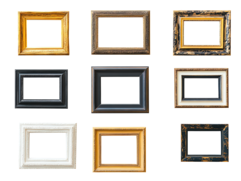Collection of decorative picture frames various designs and colors
