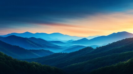 Fototapeta premium A serene panorama of misty mountains at dawn, showcasing a gradient sky with soft pastel hues. The layered hills evoke a sense of tranquility, peace, and the beauty of nature's artistry.