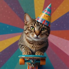 An adorable illustration of a cat wearing a colorful party hat decorated with glitter, riding a colorful skateboard. His fur flutters slightly in the wind, embodying his playfulness and joy 