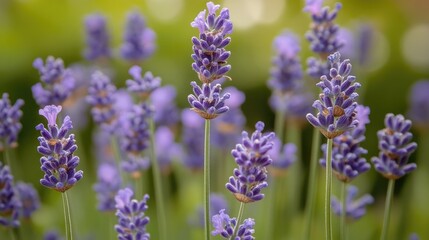 Obraz premium A serene image of a cluster of blooming lavender, with soft purple hues and fine details of the tiny flowers, set against a blurred green background.