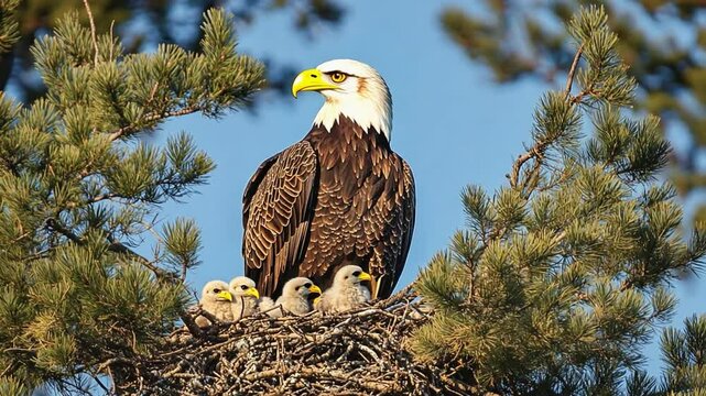 Majestic bald eagle watching over chicks in tree nest
