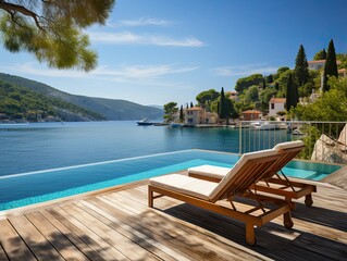 The terrace of the luxury resort hotel with sun loungers and a swimming pool with clear blue water and spectacular panoramic sea views.