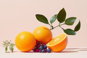 A vibrant arrangement of fresh oranges and blueberries with a sprig of green leaves, symbolizing health, energy, vitality, and the joy of fresh produce.