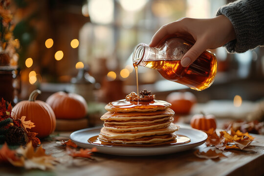 Hand pouring maple syrup over a stack of pancakes in a cozy fall-themed kitchen, surrounded by autumn decorations and warm lighting
