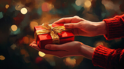 A person is holding a red box with a gold ribbon on it