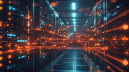 Obraz premium A server room filled with racks of servers, with glowing lines connecting them, symbolizing the backbone of a digital network that powers data transfer and communication.