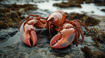 Close-up of bright red lobster resting on wet rocks, showcasing its detailed claws and long antennas in natural coastal setting