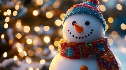 A snowman with a colorful scarf and carrot nose, surrounded by holiday lights.