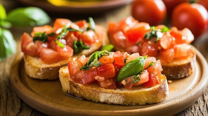 A serving of Italian bruschetta with toasted bread slices topped with a mixture of tomatoes, garlic, basil, and olive oil, perfect as an appetizer.