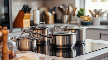 A set of stainless steel pots and pans neatly arranged on a kitchen countertop, showcasing their sleek design and practical use for cooking.
