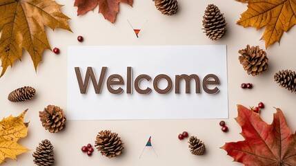 Welcome is beautifully displayed on a flat lay with autumn leaves, pine cones, and red berries, while colorful kites dance in the background, encapsulating the essence of fall